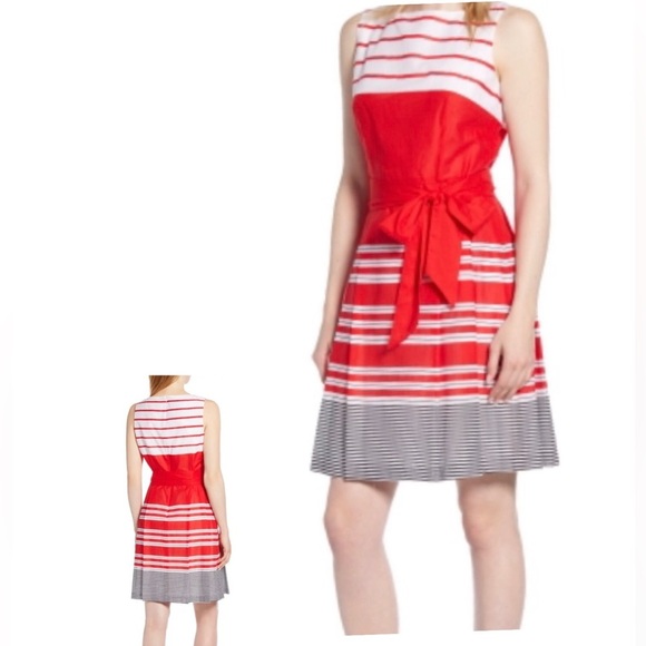 Anne Klein red black white colorblock belted fit & flare sleeveless dress size 2 - Picture 2 of 16